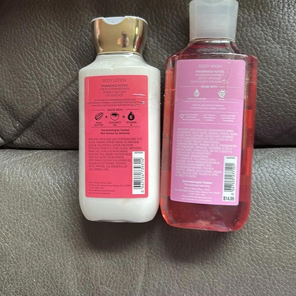 Bath & Body Works fruity sherbet scoop body wash and strawberry soda body lotion